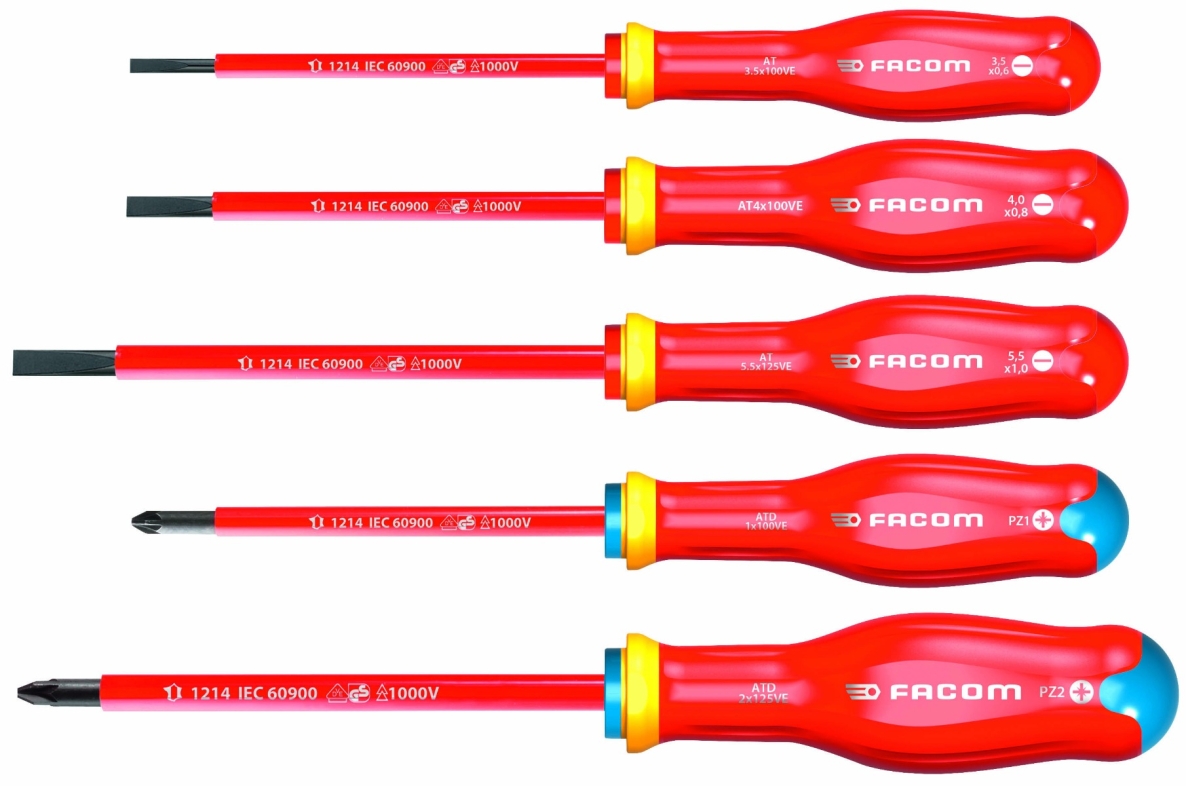 Facom ATD.J5TVEPB Set Of 5 Insulated Screwdrivers With Extra Thin Blade, for slotted screws, PH