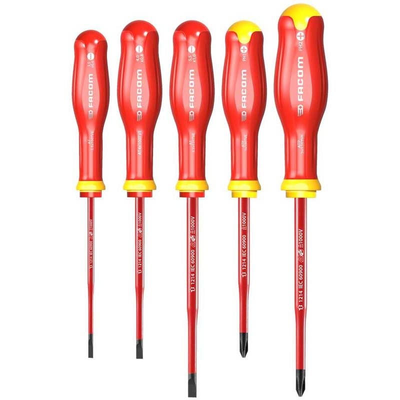 Facom ATP.J5TVEPB Set of 5 Insulated Screwdrivers with Extra Thin Blade: Slotted, PZ