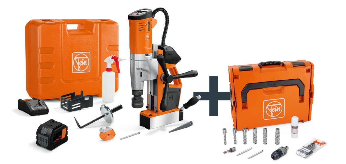 Fein 71700465000 AKBU 35 PMQW AS 1x 12 Ah Construction-Site Set Magnetic cordless core drill set 1x 18V 12.0Ah battery and charger in case and L-BOXX cases