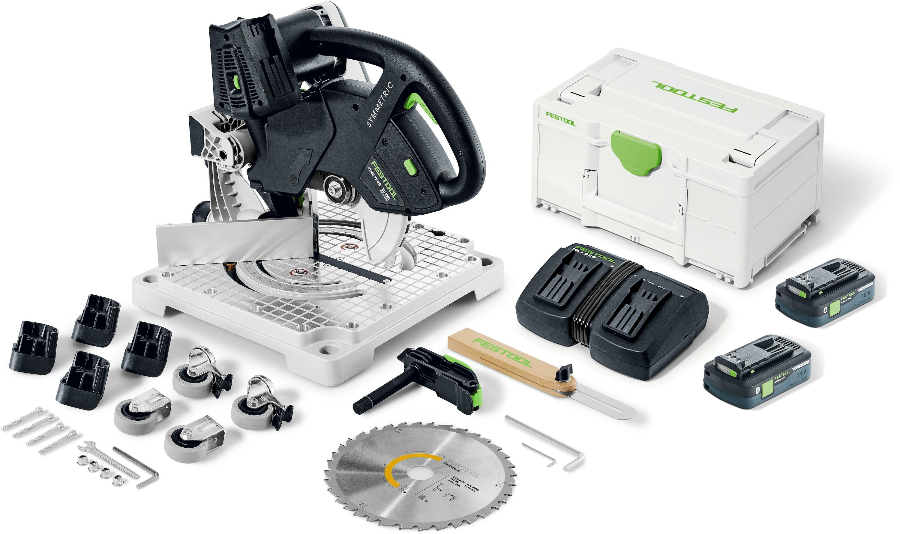 Festool 577464 SYMC 70 4.0 EBI-Plus SYMMETRIC cordless skirting saw set on wheels 2x 18V 4.0Ah batteries and charger in case