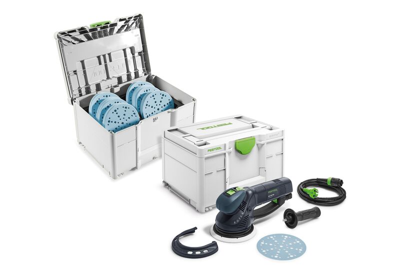 Festool 578257 RO 150 FEQ-Plus Rotex All-round eccentric sander + SYS-STF D150 GR-Set Granat sanding disc set in systainer