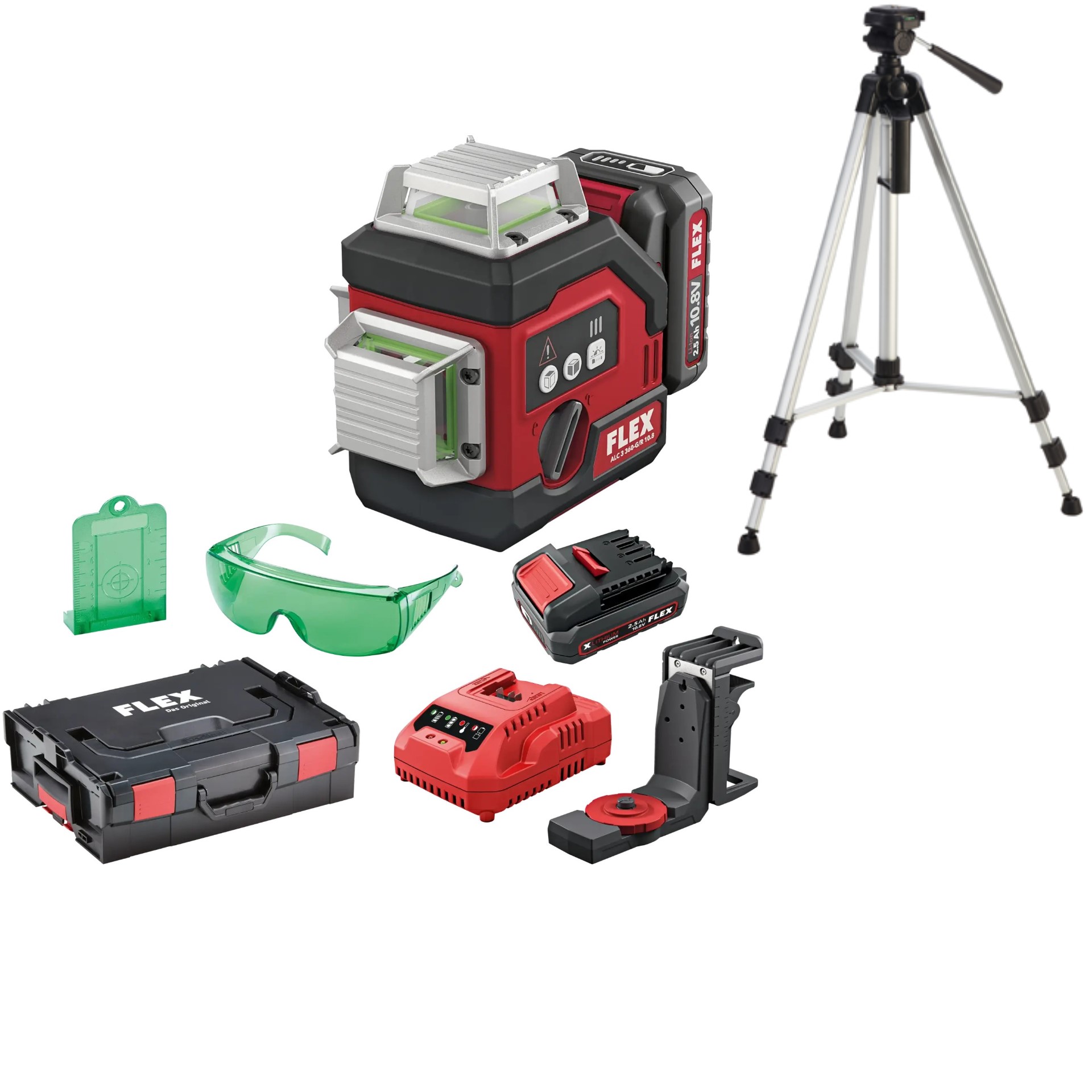 Flex-tools 532862 ALC 3/360-G/R 10.8 Set 360° cross line laser with receiver mode 12V 2.5Ah Li-Ion in L-Boxx + LKS 75-170 Tripod