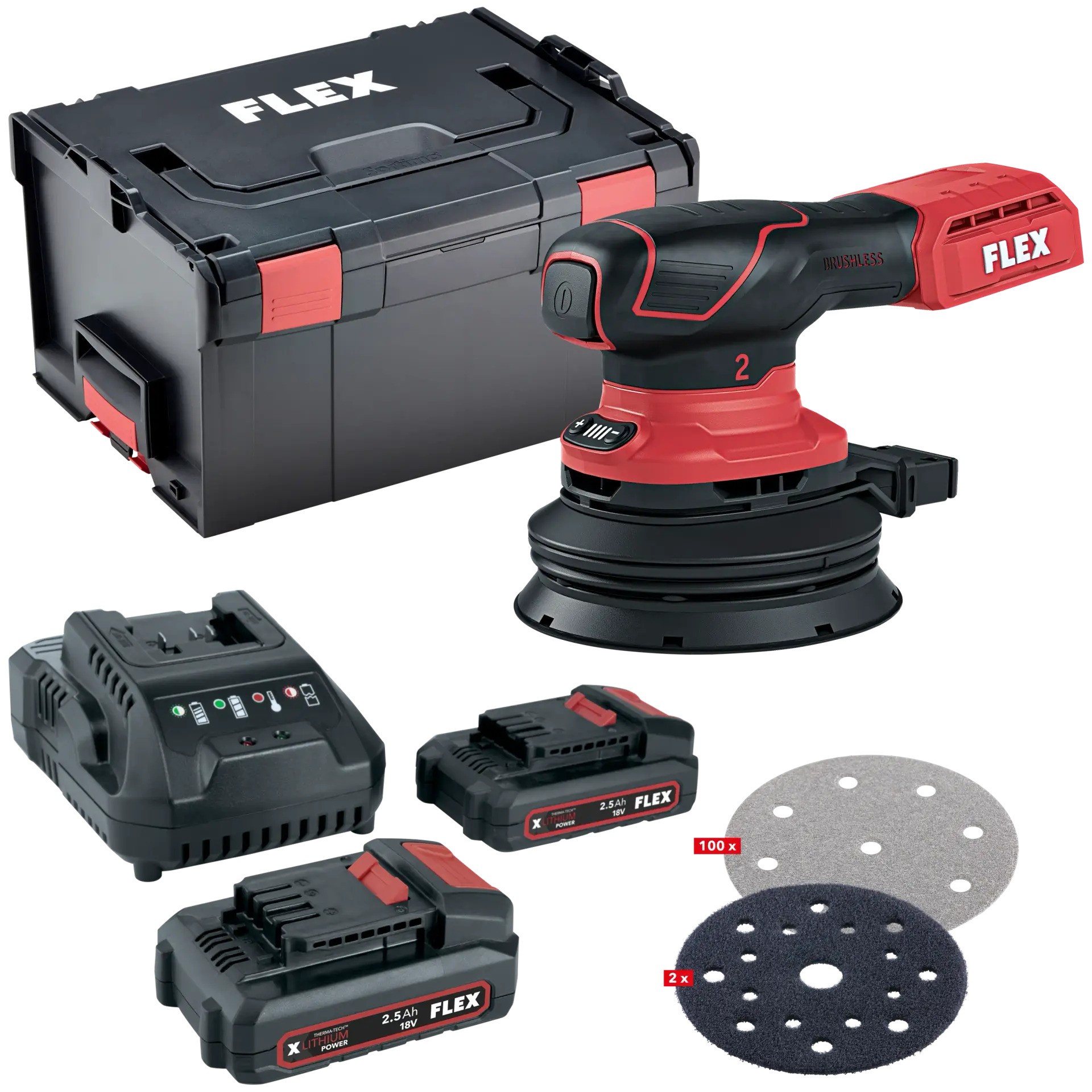 Flex-tools 535125 ORE 2-125 18-EC + P-SET 22 Q + Sanding paper set Eccentric sander 125mm with speed control 18V 2.5Ah Li-Ion in L-Boxx