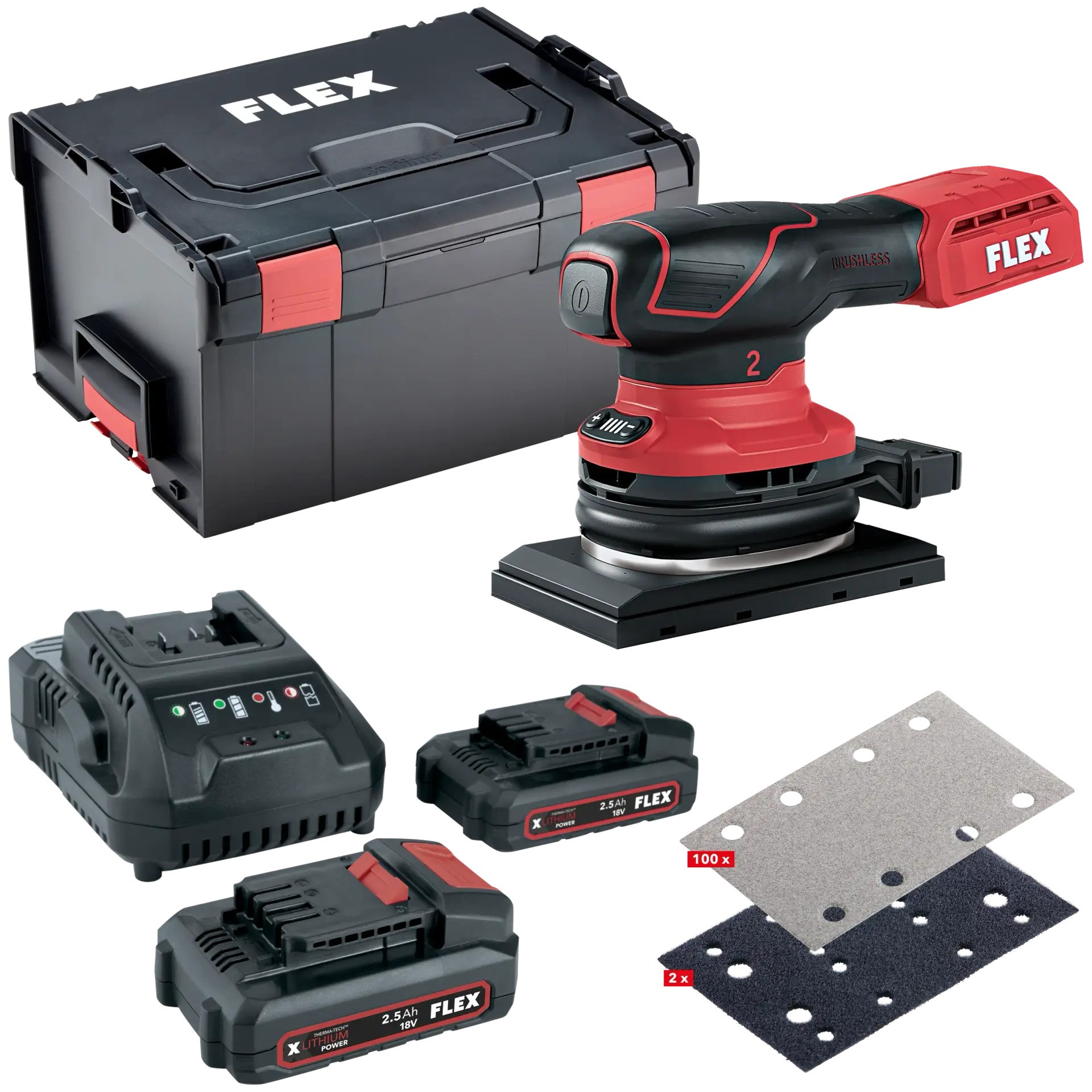 Flex-tools 535126 OSE 2-80 18-EC + P-SET 22 Q + Sanding paper set orbital sander 80x130 with speed control 18V 2.5Ah Li-Ion in L-Boxx