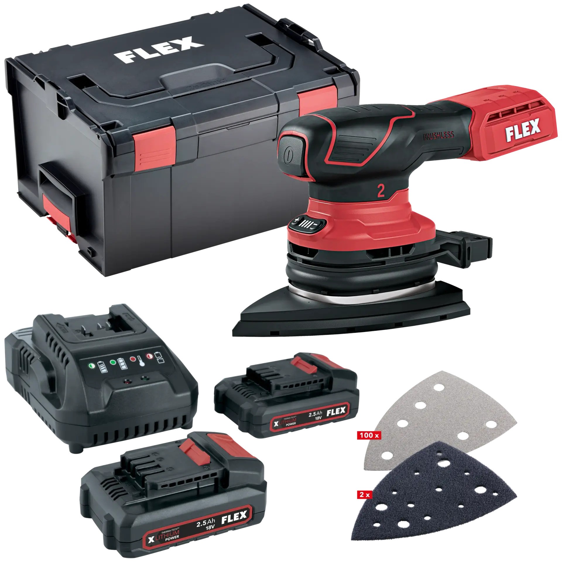Flex-tools 535127 ODE 2-100 18-EC + P-SET 22 Q + Sanding paper set Delta sander with speed control 18V 2.5Ah Li-Ion in L-Boxx