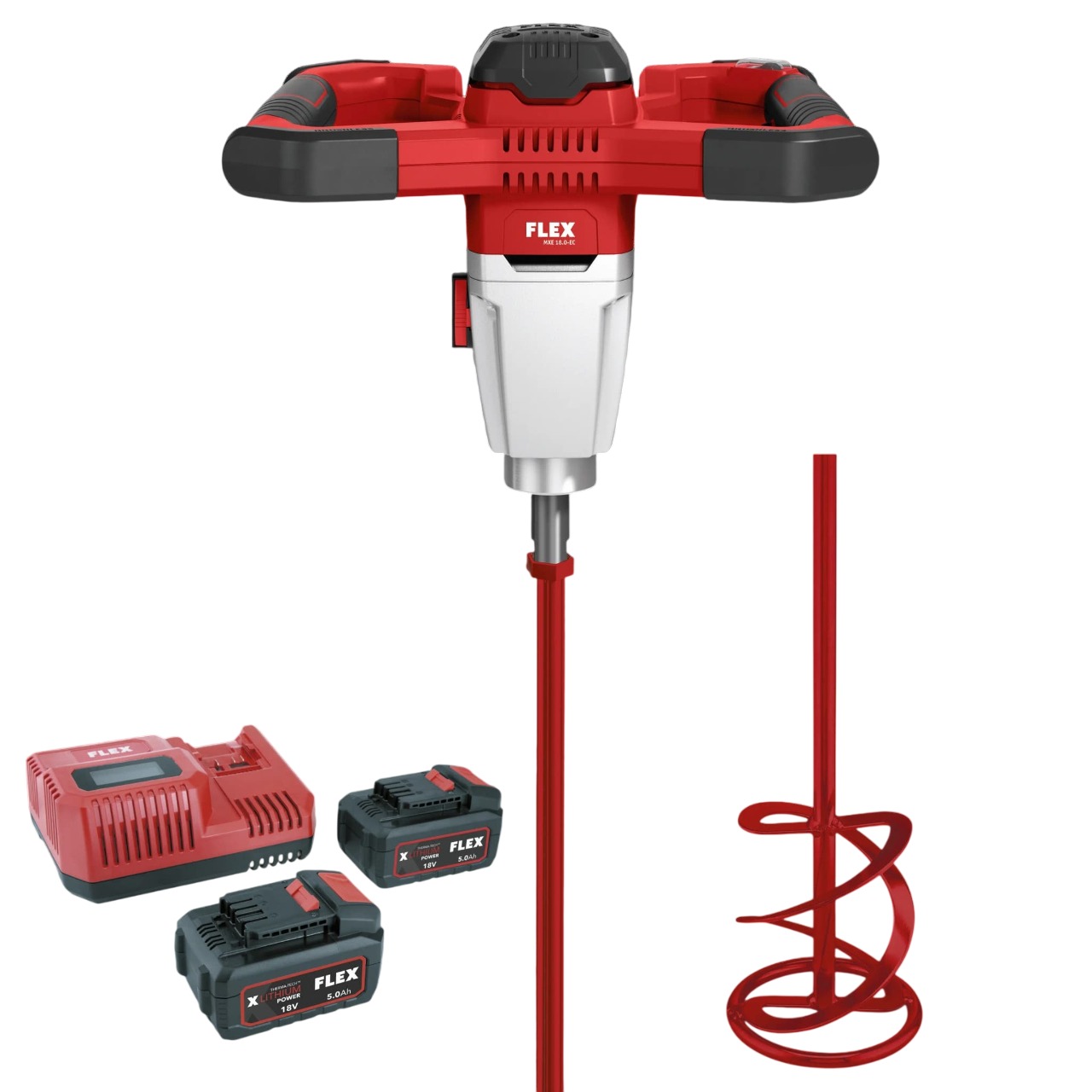 Flex-tools 535138 MXE 18.0-EC/5.0 Set & HP2 120 Accu mixer 18V incl. 5.0 Ah, charger and spiral mixing rod in box
