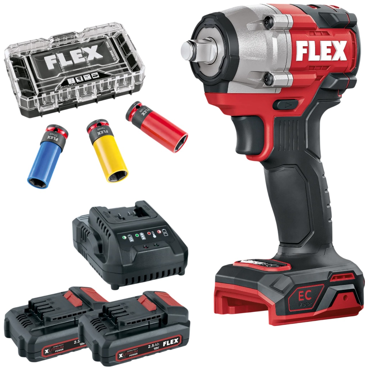 Flex-tools 535921 IW 1/2" 400 18-EC C & IPS D17-21 1/2" Compact Cordless Impact Wrench Set 18V incl. 2x2.5 Ah, charger and power socket set in box