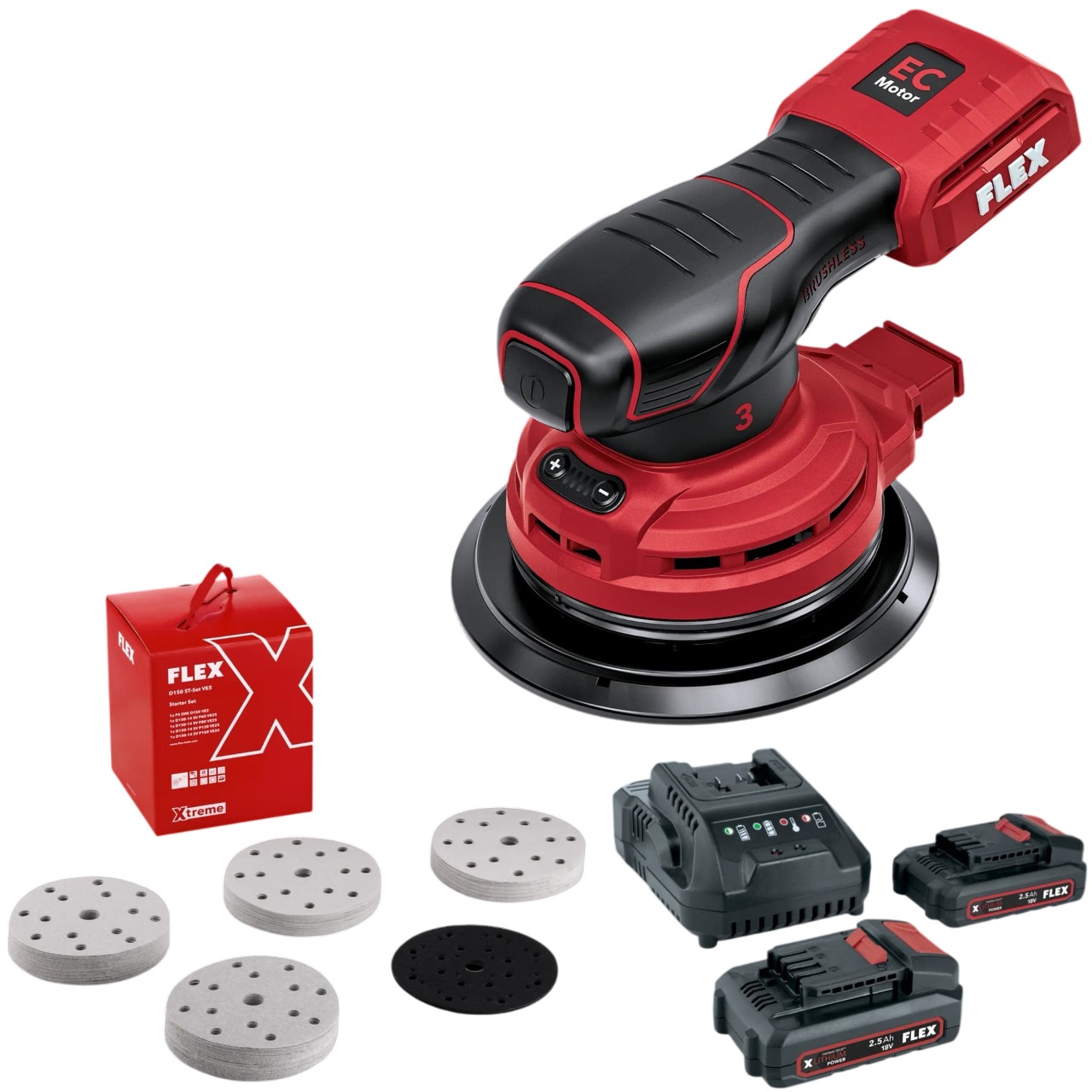 Flex-tools 535931 ORE 3-150 18-EC C & P-Set 22 Q Accu eccentric sander set 150 mm stroke 3 mm incl. 2x2.5 Ah, charger and sandpaper set in box