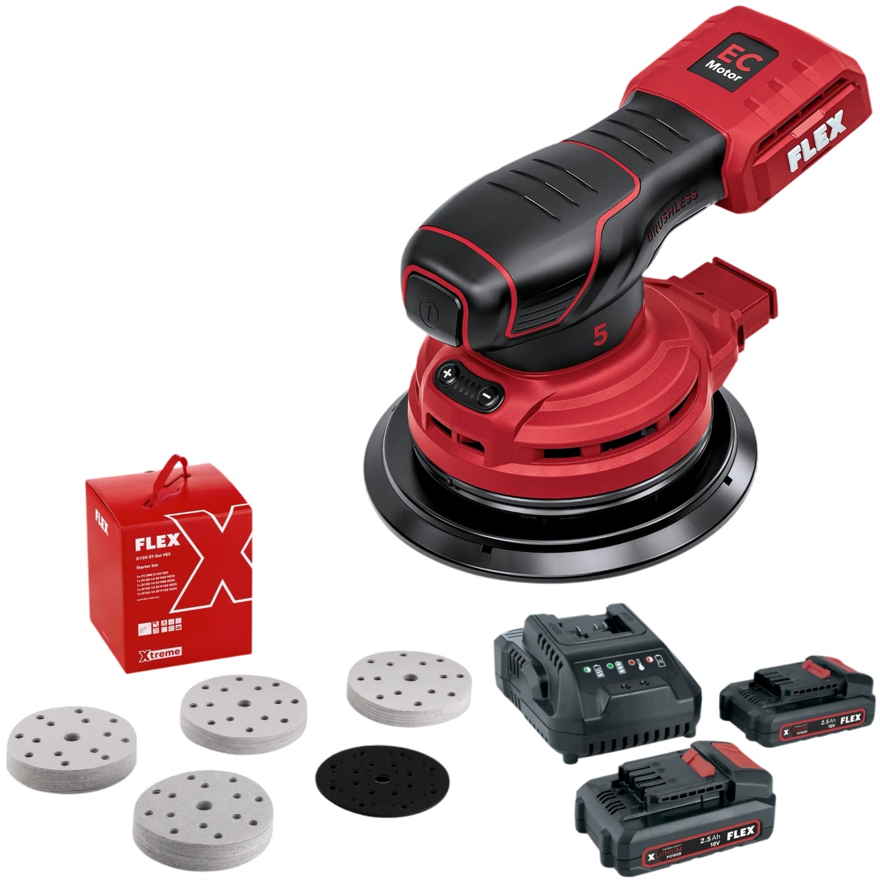 Flex-tools 535932 ORE 5-150 18-EC C Accu eccentric sander set 150 mm stroke 5 mm incl 2x2.5 Ah, charger and sanding paper set in box