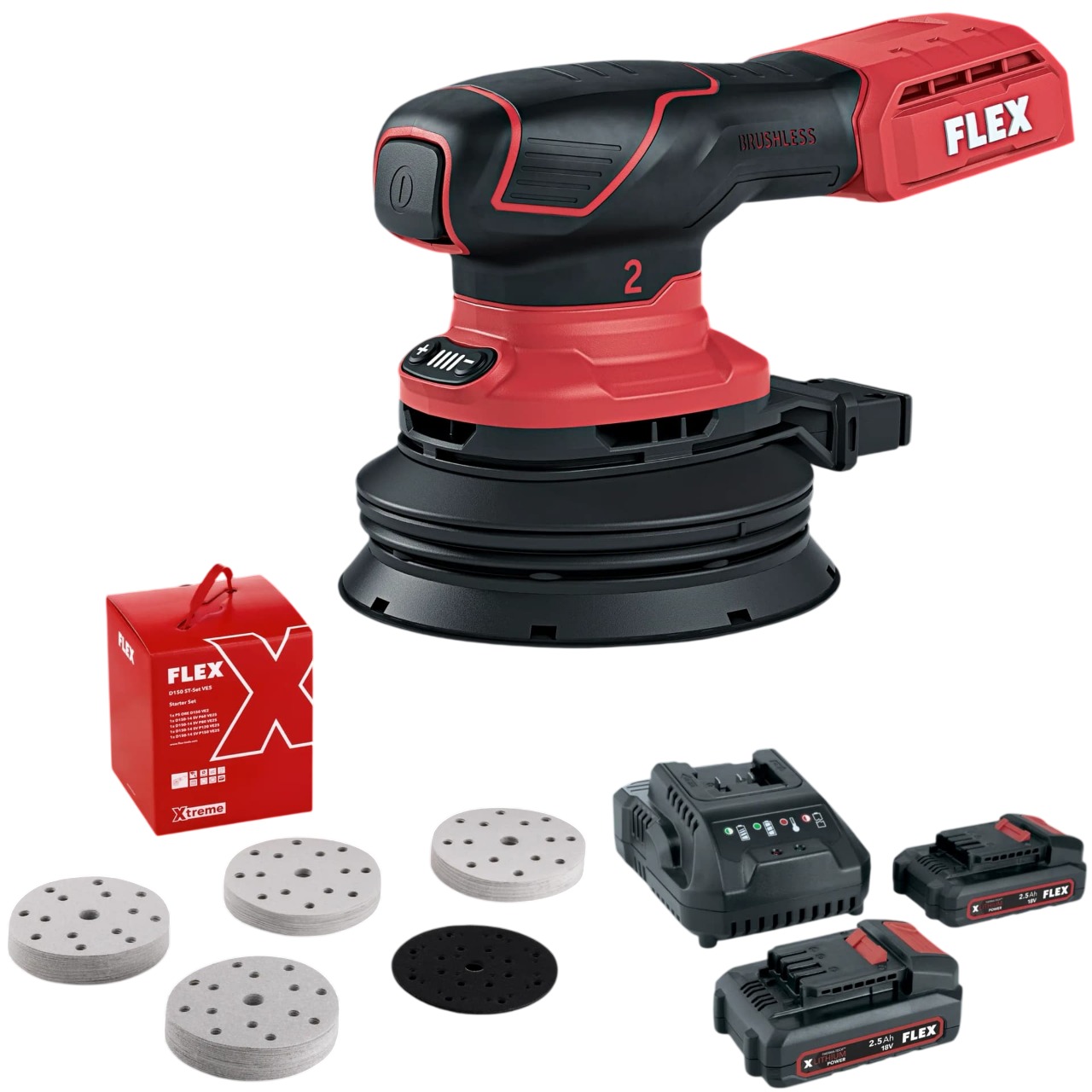 Flex-tools 535933 ORE 2-125 18-EC C Eccentric Battery Sander 18V incl. 2x2.5 Ah, charger and sandpaper set in box