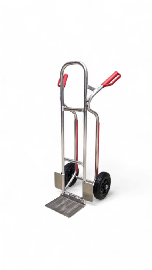 FRAMI 208.013-M Aluminum crate trolley with sliding strips and folding scoop 150 kg load capacity on solid rubber wheels