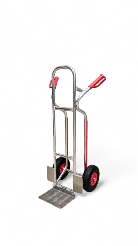 FRAMI 208.013-AL Aluminum crate trolley with sliding strips and folding scoop 150 kg load capacity on PU wheels