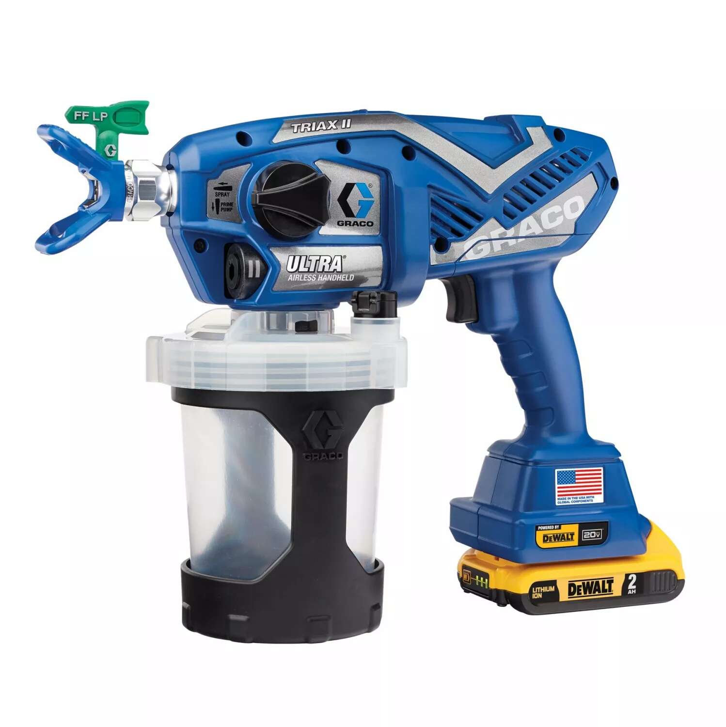 Graco 04.17M366 Ultra Airless Handheld Cordless Paint Sprayer with 2x 18V 2.0Ah batteries and charger in a carrying case