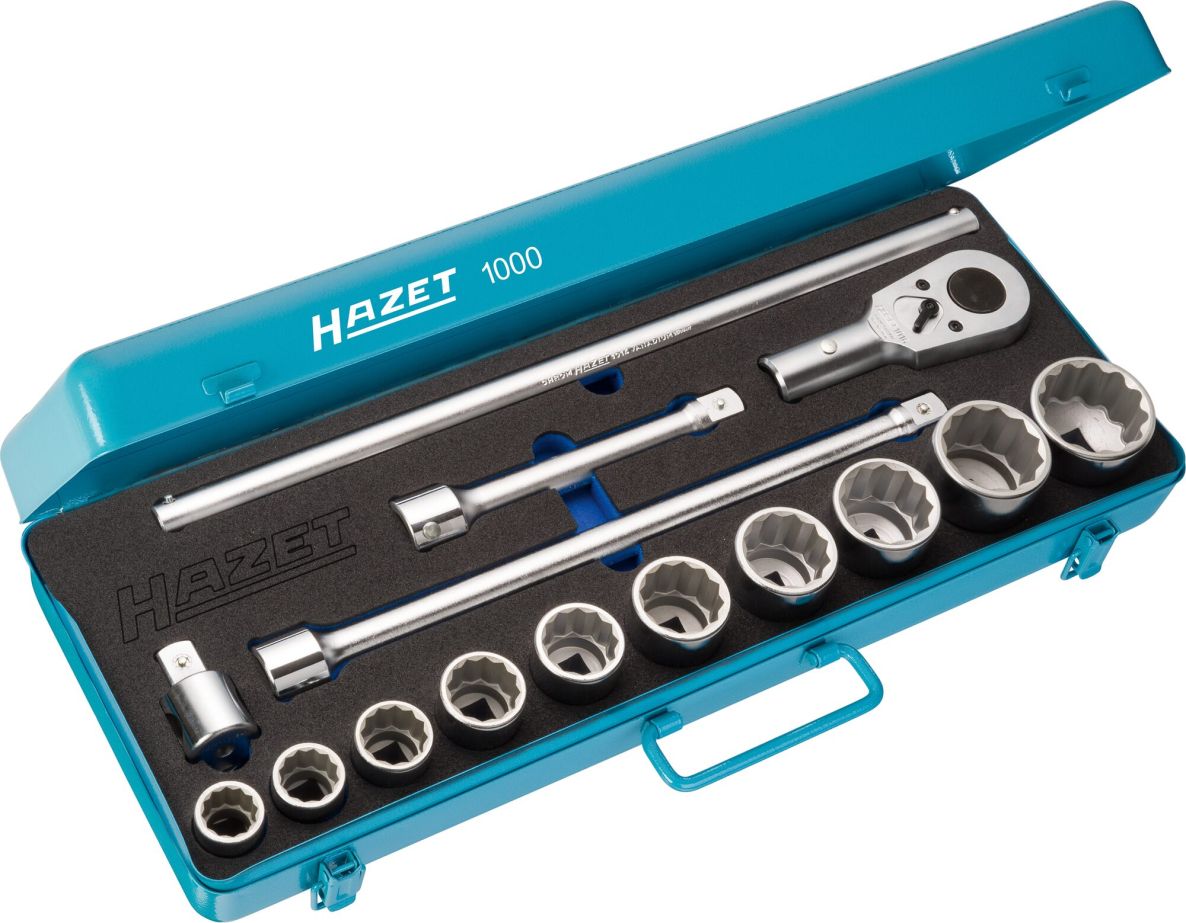 Hazet 1000Z 3/4" Square Socket Set, Hollow, 12-Point Exterior Profile, 15-Piece Set