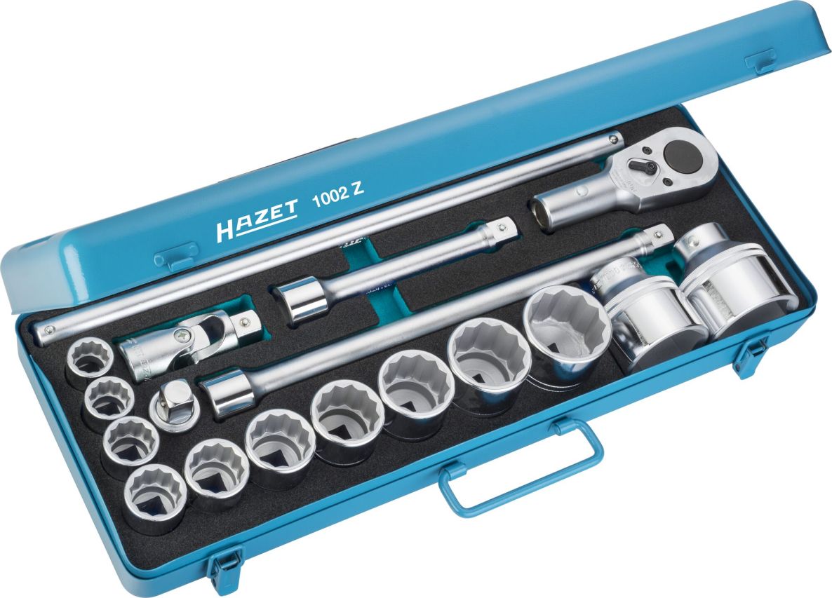 Hazet 1002Z 3/4" Square Socket Set, Hollow, External Tread Pattern, Hex, 18-Piece Set