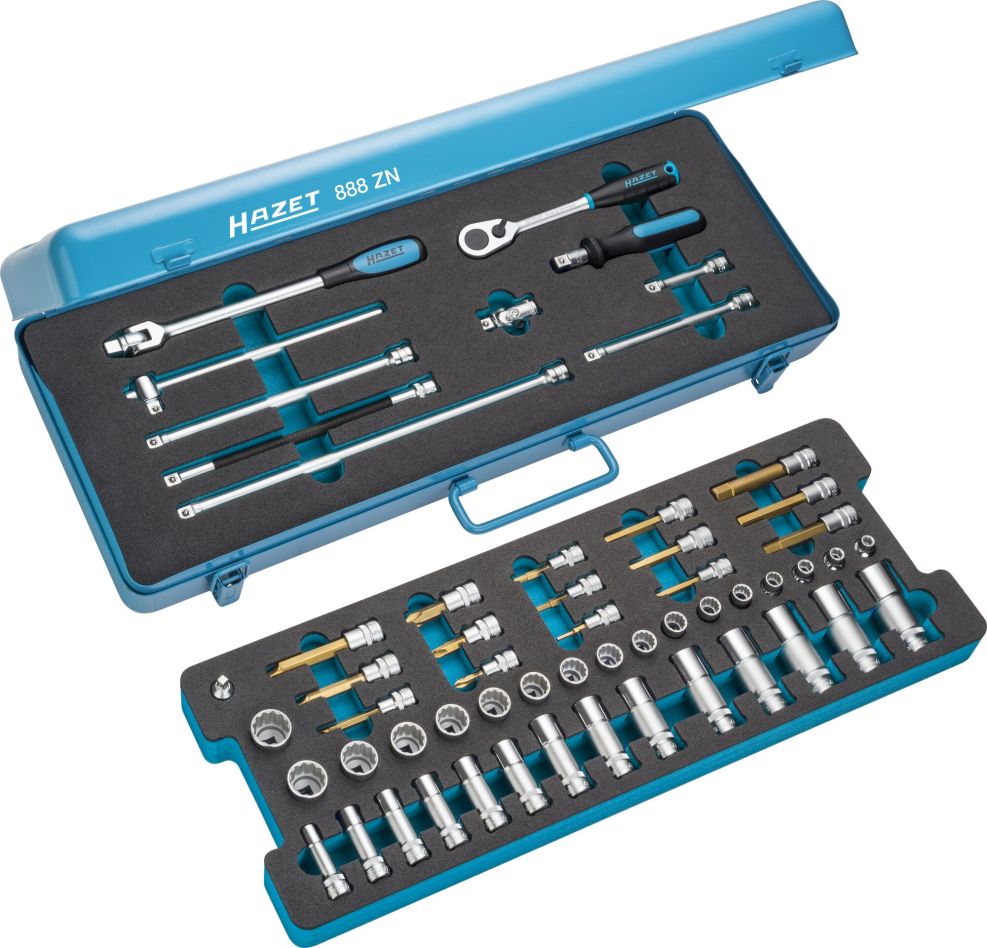 Hazet 888ZN 3/8" Socket Set, 58-piece, including external hex and 12-point sockets, internal hex sockets, Phillips, and slotted sockets