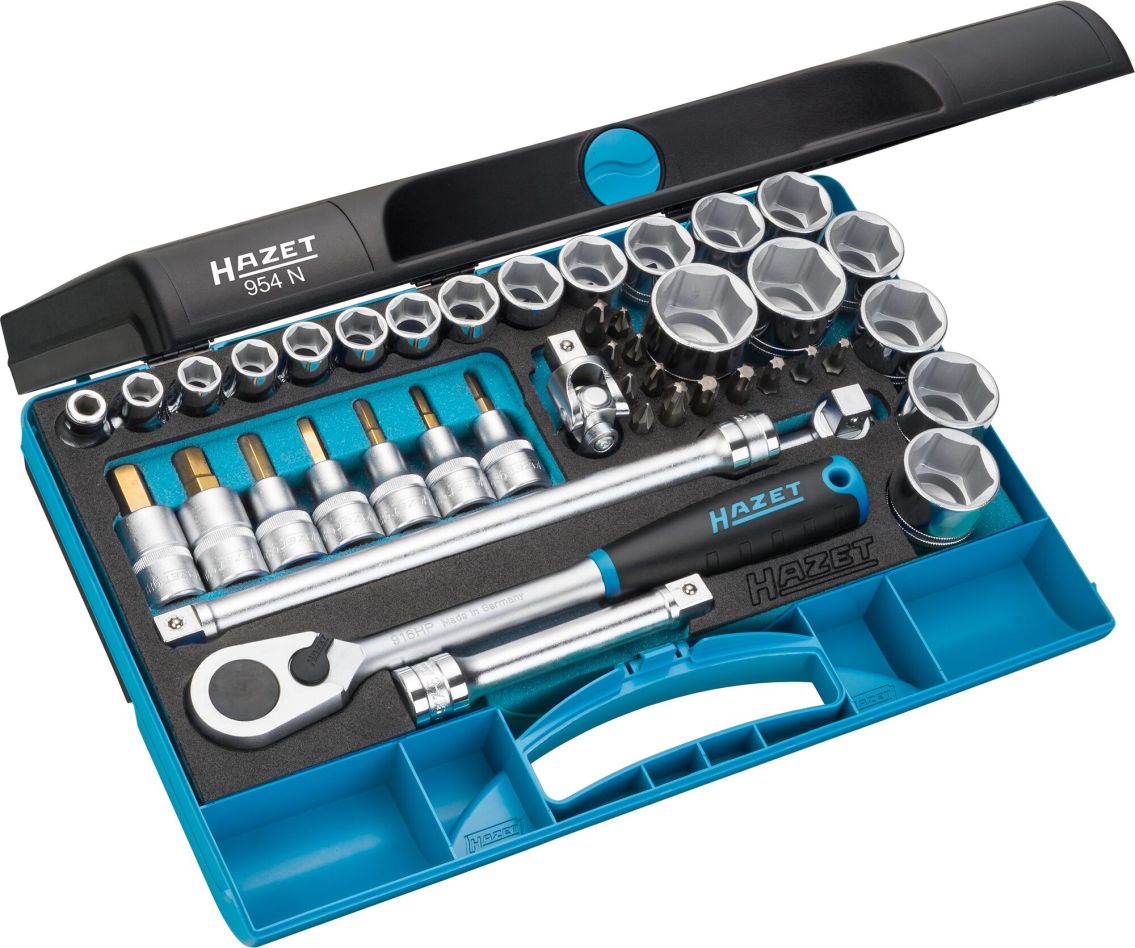 Hazet 954N 1/2" 44-piece socket set, including hex, PZ, PH, Allen, and Torx sockets