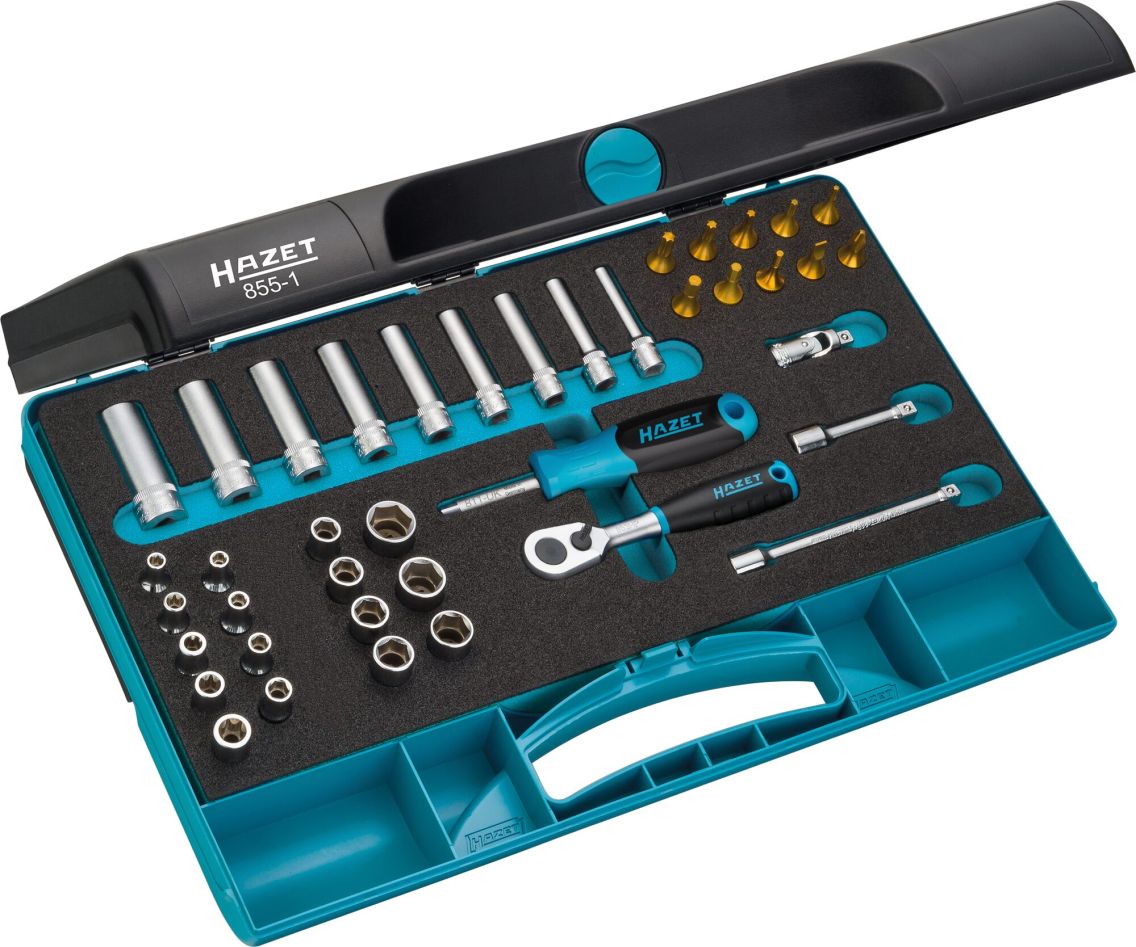 Hazet 855-1 1/4" 40-piece socket set, including external square, Torx, internal Torx, slotted, Phillips, and internal hex profiles