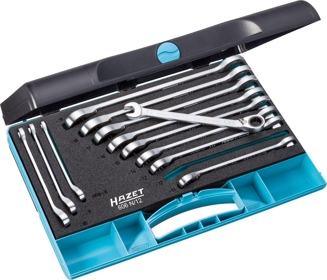 Hazet 606N/12 Ratchet Ring Wrench Set, External Traction Profile, 12-Point, 12-Piece