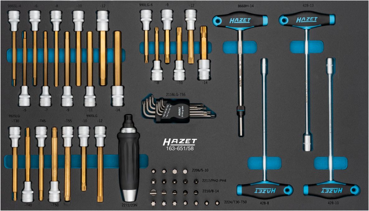 Hazet 163-651/58 58-piece tool set, including 1/2-inch and 5/16-inch sockets