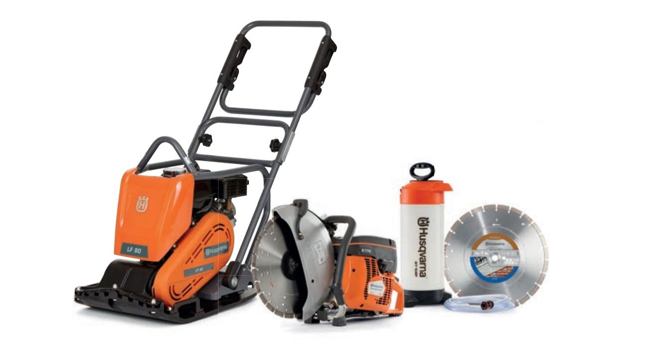 Husqvarna Powercutter/TrilplaatLF80LK770350mmset LF80L Vibratory plate + K770 Motor cutter 350 mm + Water tank + Diamond saw blade Tacti-Cut S50 Plus