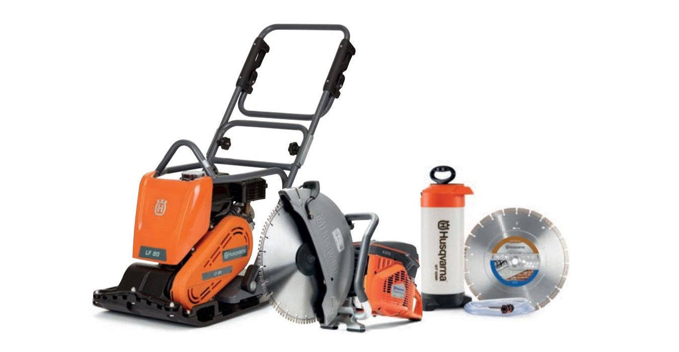 Husqvarna Powercutter/TrilplaatLF80LK970400mmset LF80L Vibratory plate + K970 Motor cutter 400 mm + Water tank + Diamond saw blade Tacti-Cut S50 Plus