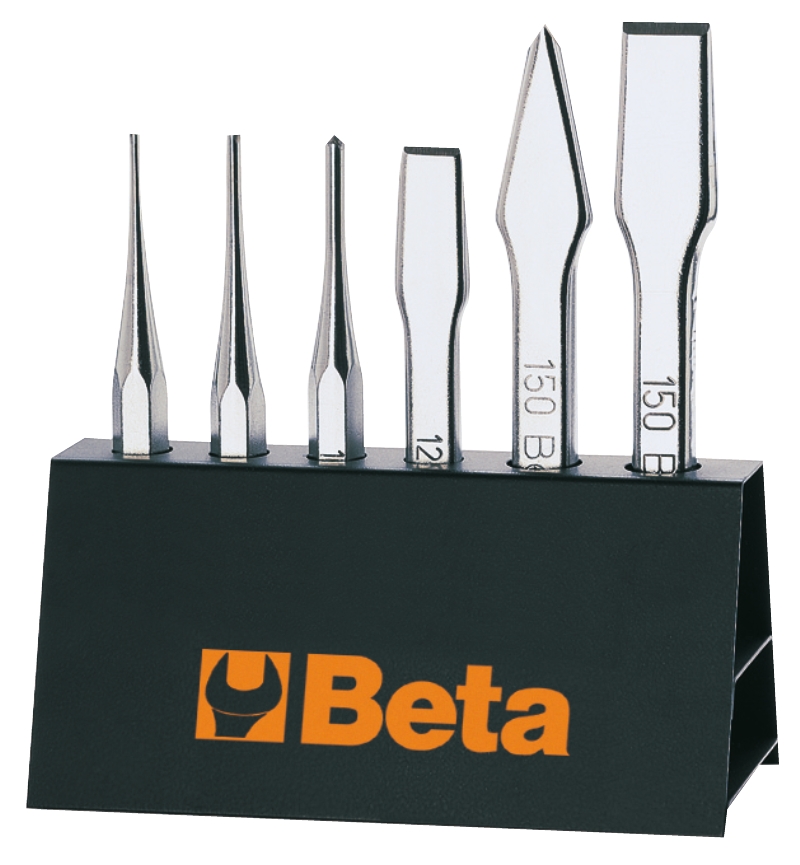 Beta 000380009 38/SP6 6-piece set of piercing chisels (art. 30), centring chisels (art. 32), Cold chisel (art. 34) and zipper chisels (art. 36), with support