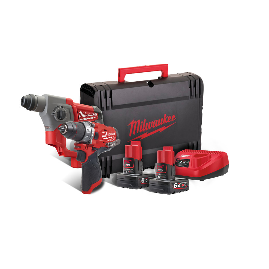 Milwaukee 4933459813 M12 FPP2B-602X Powerpack M12FPD Impact Drill + M12CH Drill Hammer 12V 6.0Ah