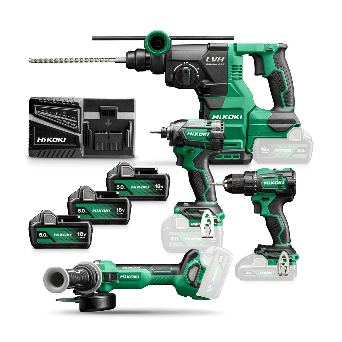 HiKOKI KC18DEWHZ Comboset - DS18DE Cordless Drill + WR18DC Impact Driver + G1813DA Grinder + DH1826DA Combination Hammer 18V 5.0Ah Li-Ion in Bag