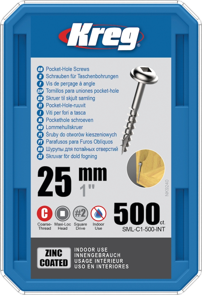Kreg SML-C1-500-INT Pocket-Hole screws 25 mm Galvanized Maxi-Loc coarse thread 500 pcs.