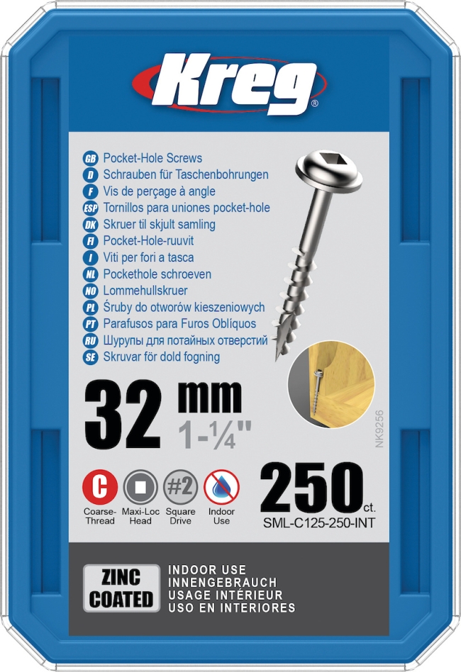 Kreg SML-C125-250-INT Pocket-Hole screws 32 mm Galvanized Maxi-Loc coarse thread 250 pcs.