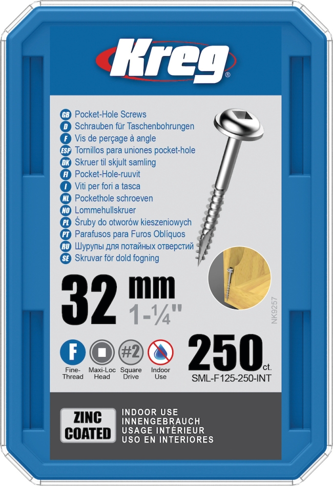 Kreg SML-F125-250-INT Pocket-Hole screws 32 mm Galvanized Maxi-Loc fine thread 250 pieces