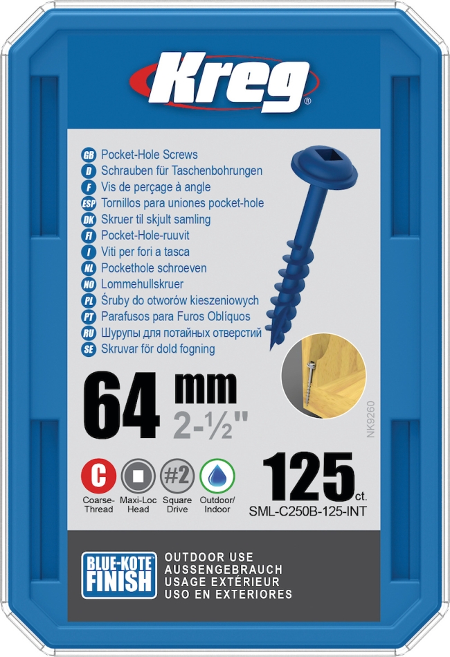 Kreg SML-C250B-125-INT Pocket-hole screws 64 mm Blue-Kote Maxi-Loc coarse thread 125 pcs