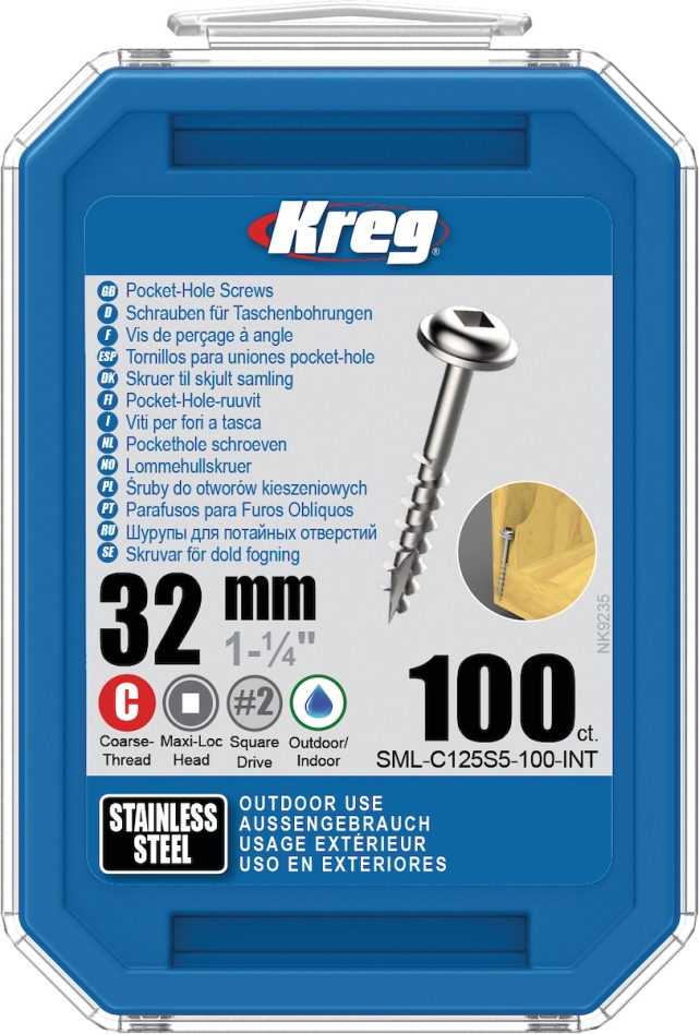 Kreg SML-C125S5-100-INT Pocket-Hole screws 32 mm stainless steel Maxi-Loc coarse thread 100 pieces