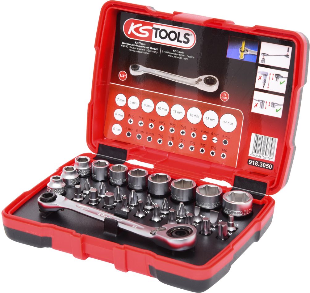 KS Tools 918.3050 1/4" + 11 mm Continuous Socket Wrench and Bit Set 31-piece