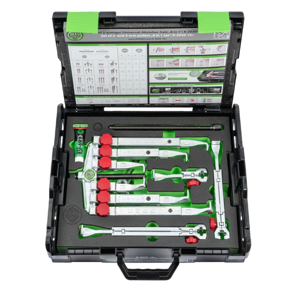 KUKKO K-2030-10+ 2- and 3-armed Universal fine mechanics puller set with quick-adjust tow hooks in case
