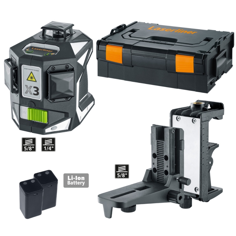 Laserliner 036.800L X3-Laser Pro Three-dimensional laser with three green 360° laser circles and magnetic clamping and wall holder