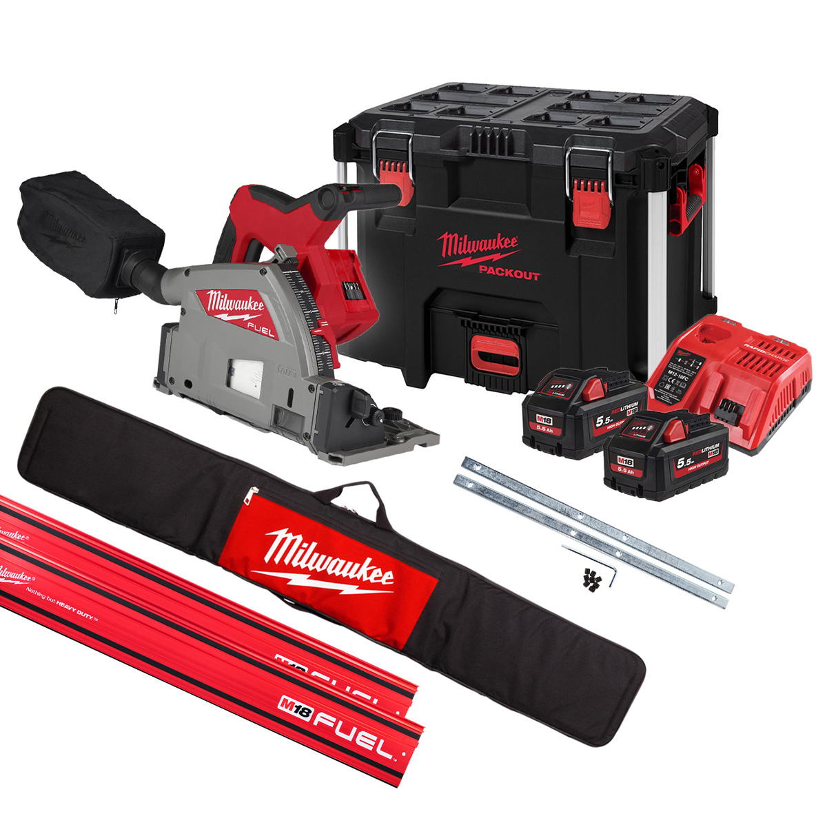 Milwaukee M18FPS55-552PSET 18V 5.5Ah Li-ion cordless saw + 2 x 1400mm guide rail + Clamps + Bag in PACKOUT™ toolbox