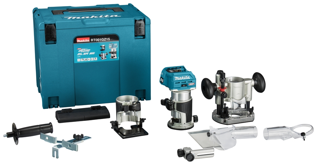 Makita RT001GZ15 Top and edge router 40V Max without batteries and charger with accessories and guide rail adapter in MBox