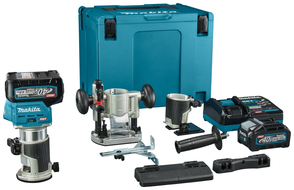 Makita RT001GM206 Top and edge router 40V Max 4.0Ah Li-ion with accessories and guide rail adapter in MBox