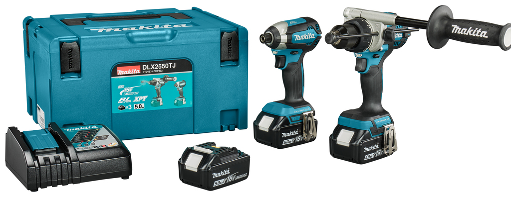 Makita DLX2550TJ DHP492 Cordless Hammer Drill + DTD153 Cordless Impact Driver Combo Set, 18V, 5.0 Ah Li-ion, at MBO