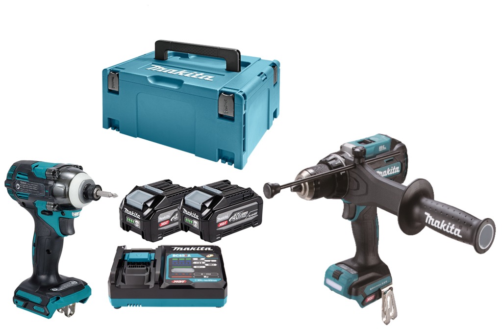 Makita DK0249G201 XGT 40 V Max Combo Set: Hammer Drill and Impact Driver, including 2x4.0 Ah batteries and a fast charger in an Mbox
