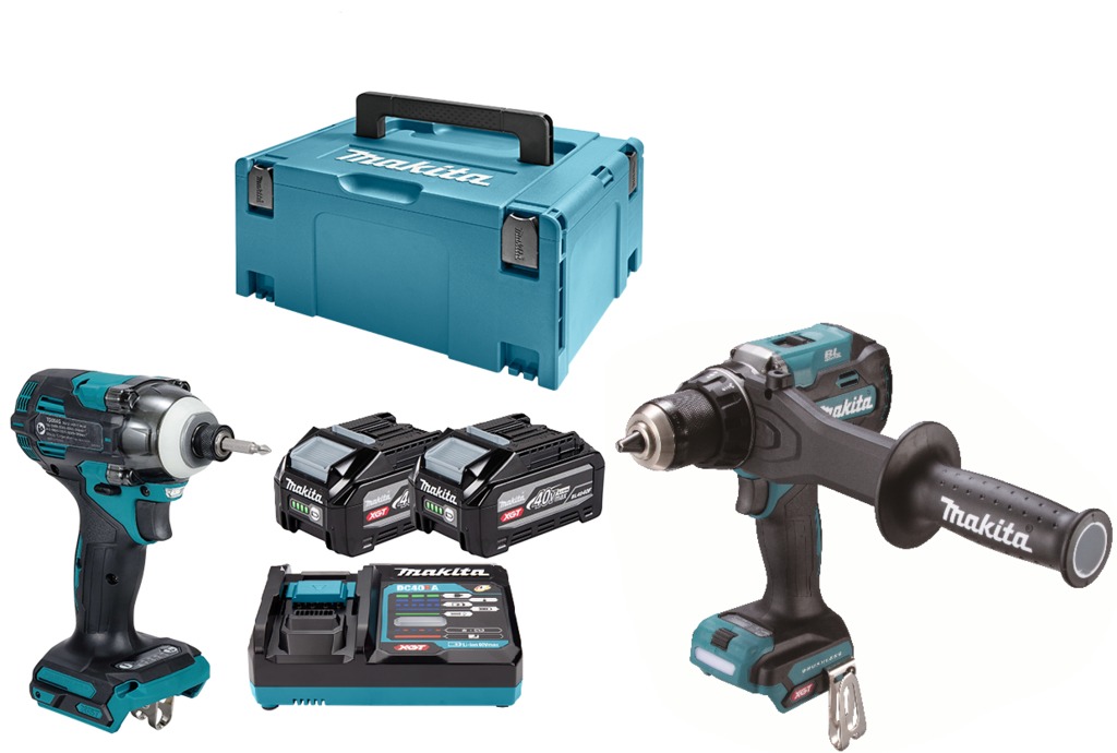 Makita DK0256G201 XGT 40 V Max Combo Set: Drill and Impact Driver, including 2x4.0 Ah batteries and a fast charger in an Mbox