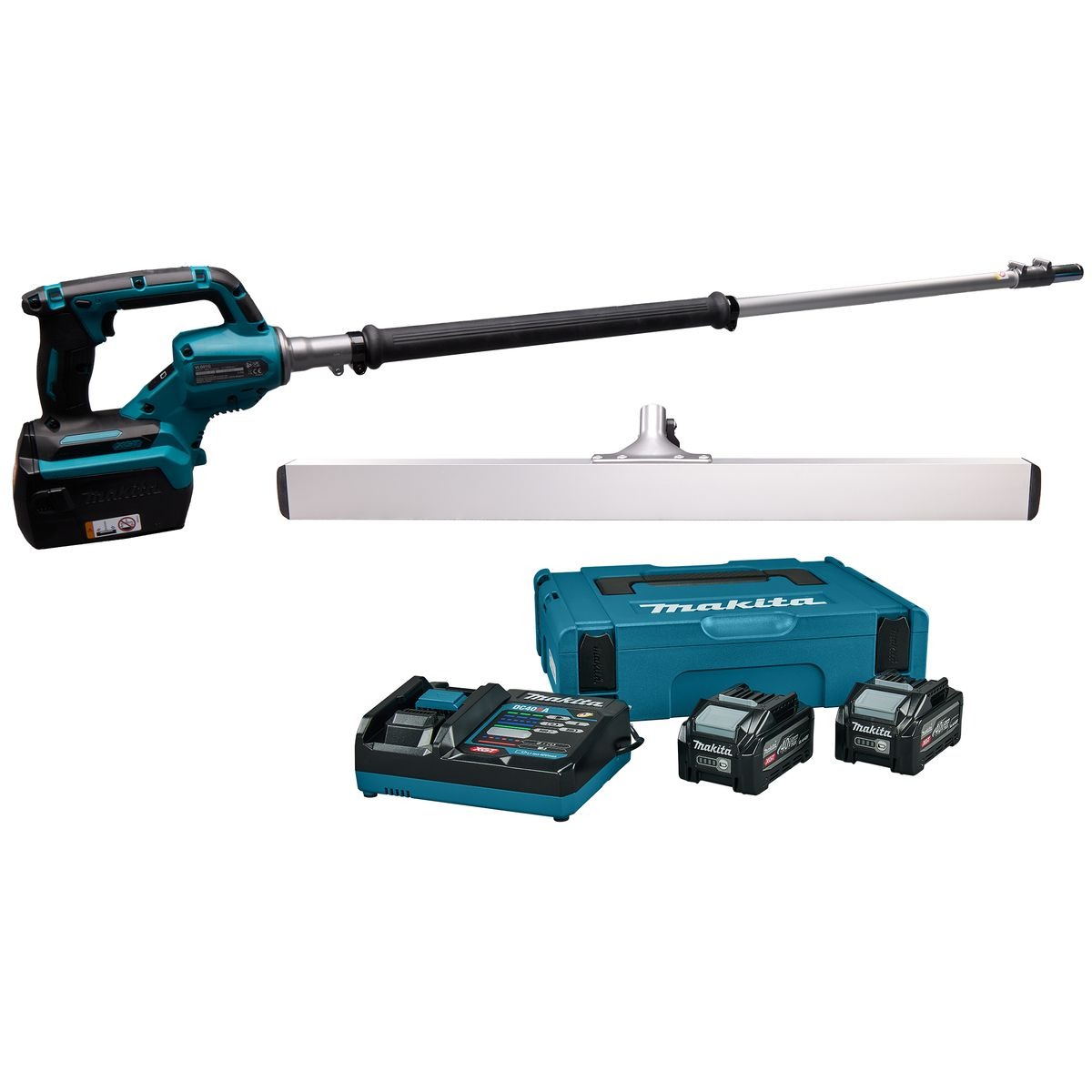 Makita VL001GU201 XGT 40 V Max Cordless Vibrating Trowel 900 mm, includes 2x4.0 Ah BL4040F batteries, a quick charger, and a finishing trowel in an Mbox