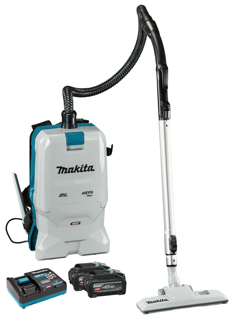 Makita VC011GU202 XGT 40V Max Cordless Backpack Vacuum Cleaner, includes 2x 4.0Ah BL4040F batteries and a fast charger in the box