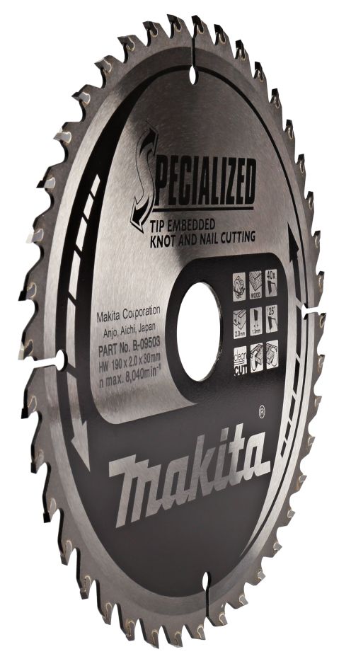 Makita Accessories B-09503 Embedded Tip Circular saw blade Wood (knot/nail) 190x30x2,0 40T 25g