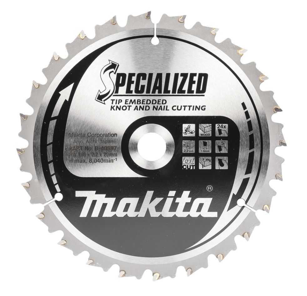 Makita Accessories B-40587 Mitre saw blade for wood (knotty/nailed) Embedded Tip 190x20x2,2 24T 5g