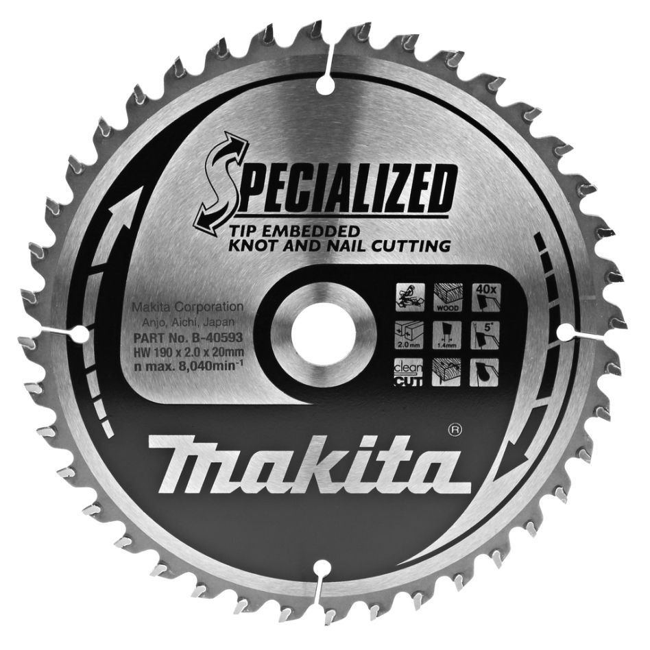 Makita Accessories B-40593 Mitre saw blade for wood (knot/spike) Embedded Tip 190x20x2,2 40T 5g