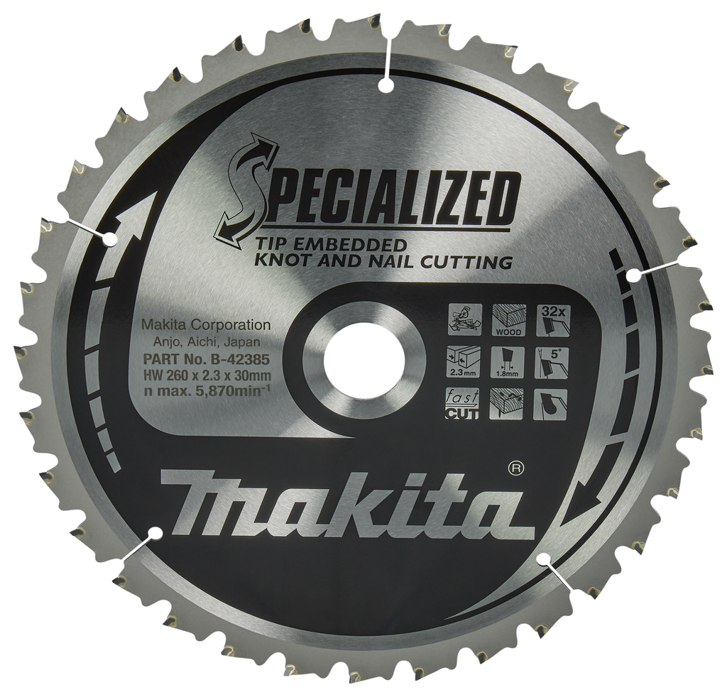 Makita Accessories B-42385 Cut-off saw blade Wood (knot/nail) Embedded Tip 260x30x2,3 32T 5g