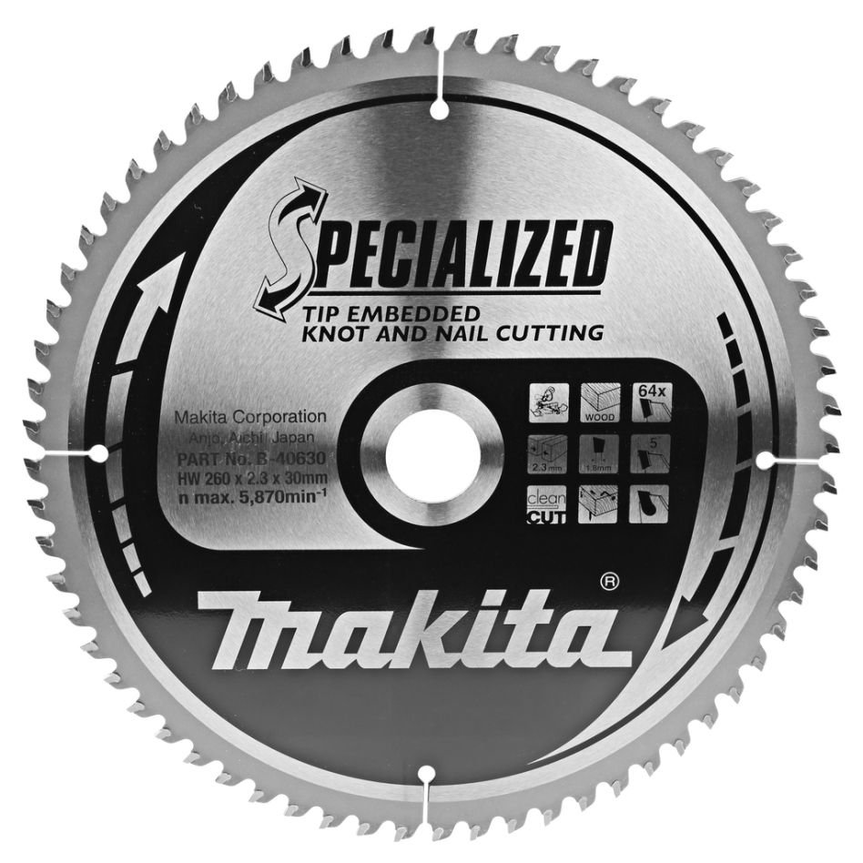 Makita Accessories B-42391 Mitre saw blade for wood (knotty/nailed) Embedded Tip 260x30x2,3 64T 5g